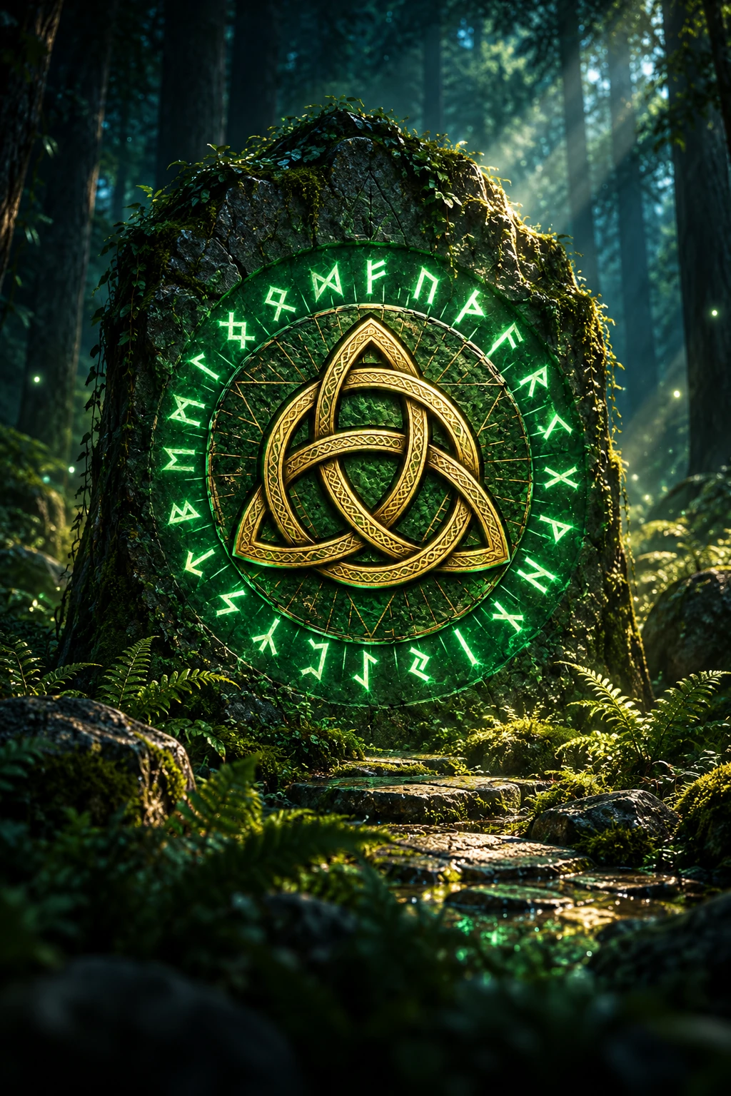 A golden knot surrounded by glowing emerald runes, carved into a moss-covered stone portal in a forest